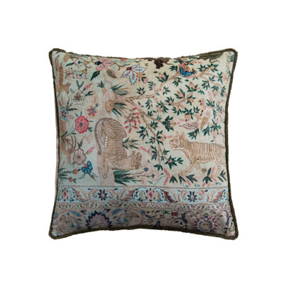 Cotton Velvet Printed Pillow With Safari Animals, Botanicals And Eyelash Fringe