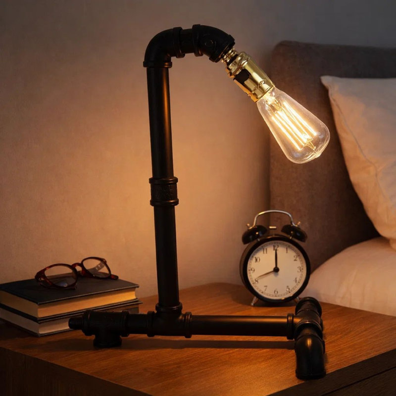 Lampe de bureau, style industriel avec tuyau Steampunk, métal noir mat