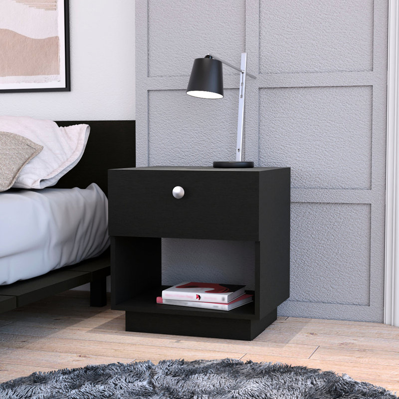 Table de chevet noire pour chambre à coucher avec 1 tiroir et magnifique rangement, Noir