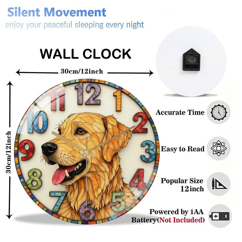 Horloge murale silencieuse en verre trempé de 30 cm, « Magnifique horloge murale décorative Golden Retriever », sans tic-tac, fonctionne avec des piles (piles AA non comprises), décoration artistique pour la maison