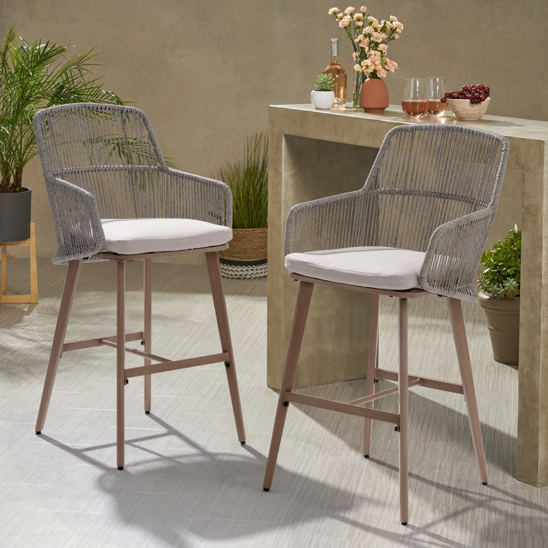 Brookens 46" H Cast Aluminum Bar Stool with Cushions (Set of 2), Beige/Light Gray