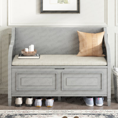 Banc de rangement multifonctionnel en bois massif de style rustique avec charnière de sécurité (gris délavé et beige)