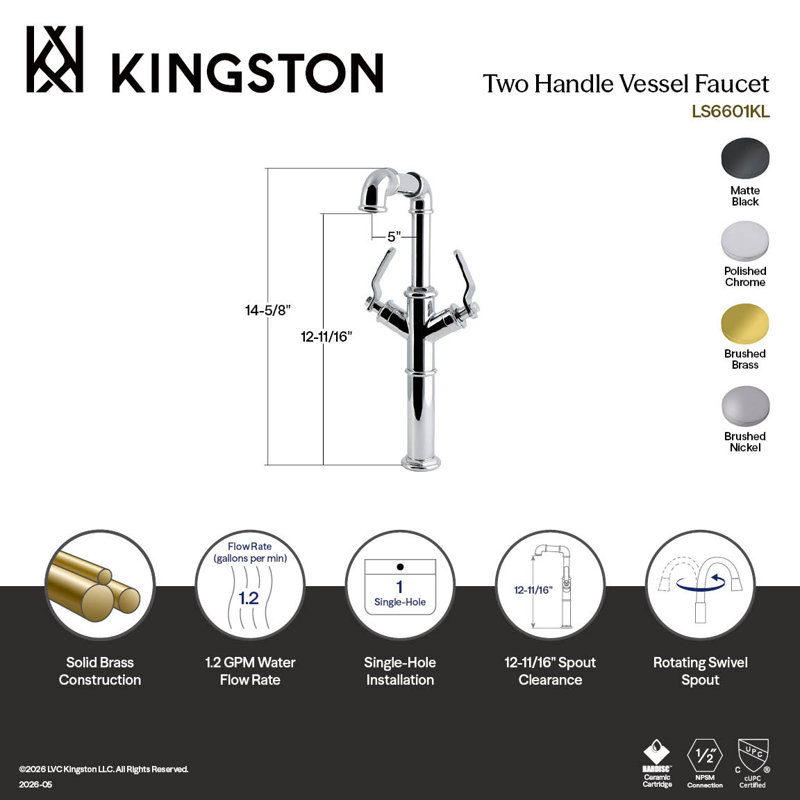 Robinet pour vasque à fixation sur comptoir à deux poignées à 1 trou Kingston Brass Whitaker, Noir mat