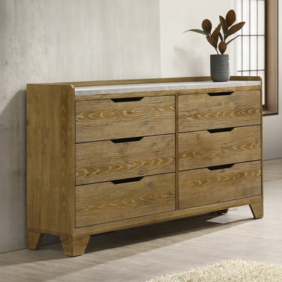 Commode transitionnelle à finition brune avec 6 tiroirs de rangement et meubles de chambre à coucher 1 pièce en bois d'hévéa massif