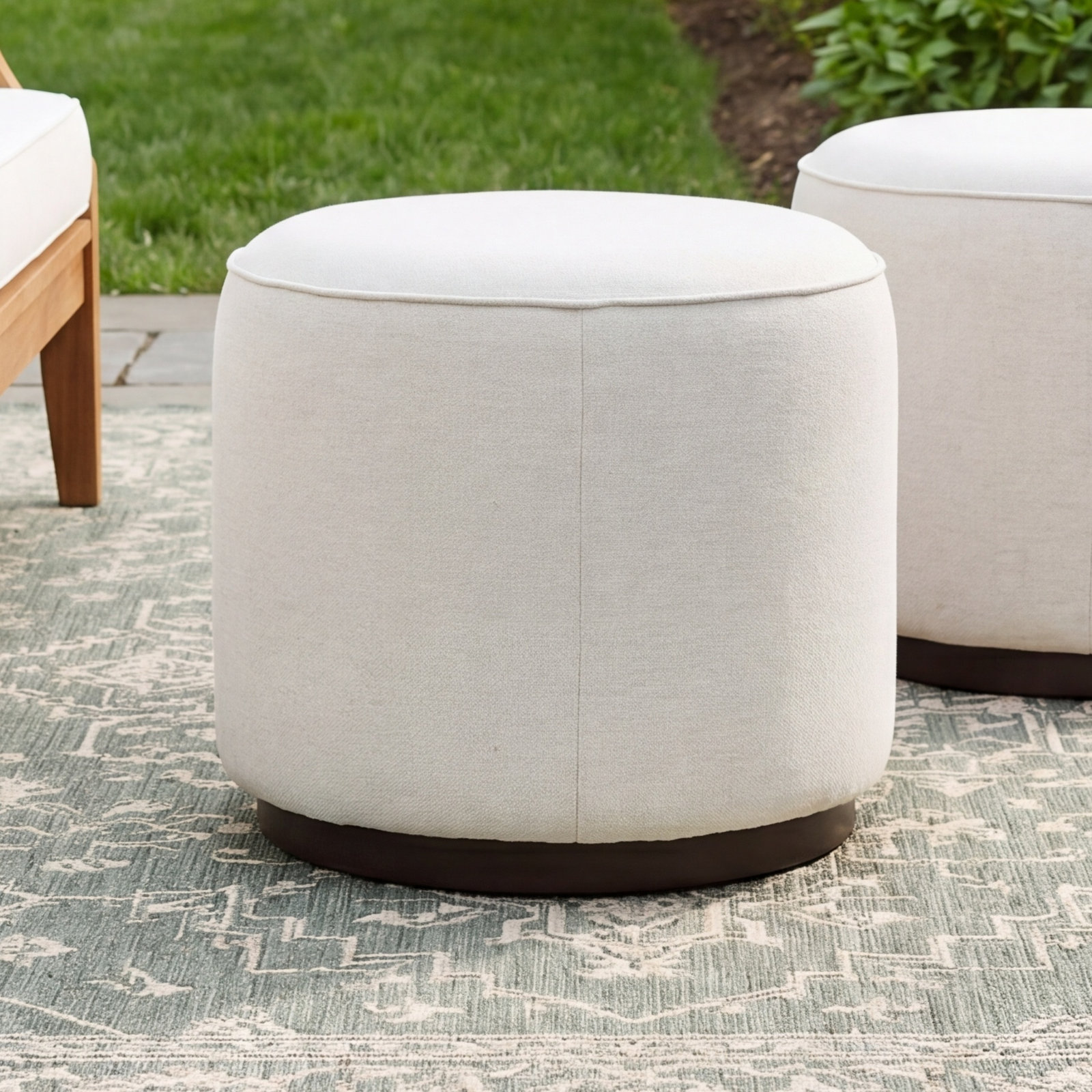 Devin Round Outdoor Ottoman with Cushion, Cream