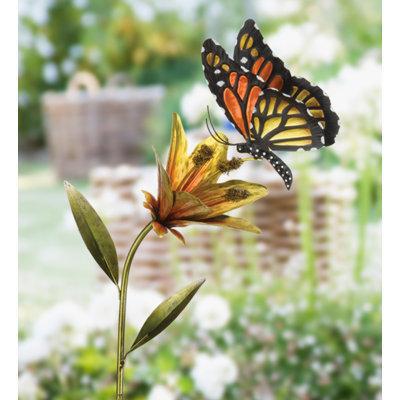 45" Metal Butterfly and Flower Decorative Garden Stake with Weather Resistant Paint and Sturdy Ground Stake - Orange