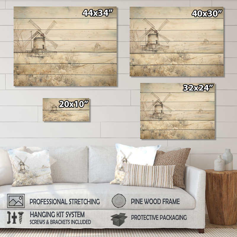 Moulin à vent nostalgique en hiver - Éoliennes sur bois, H 24 po x l 32 po x P 0,78 po