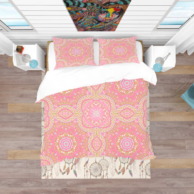 Pink and Green Star Mandala - Eclectic Abstract Duvet Cover Set - Microfiber Polyester