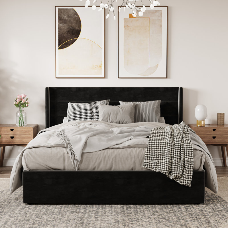 Braya Hydraulic Lift Up Storage Upholstered Platform Bed, Full, Black Velvet