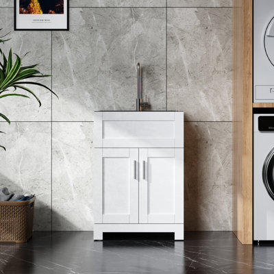 24In White Laundry Utility Cabinet - Stainless Steel Basin & Faucet Easy Installation Process Tub Drain Robust Clean Chance