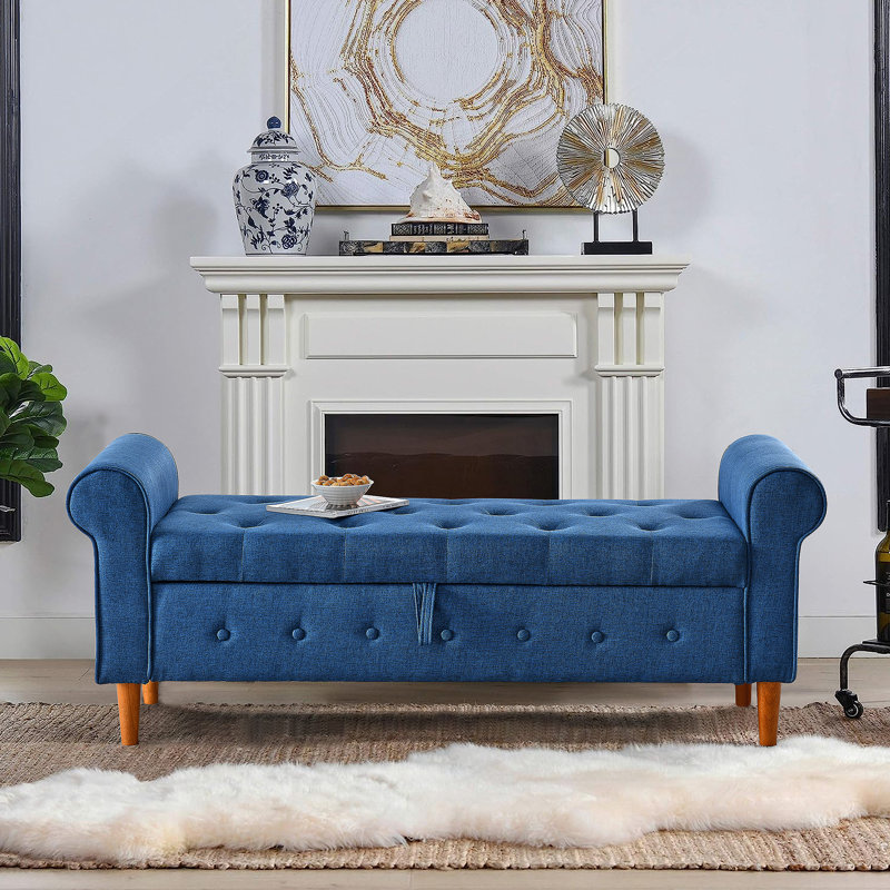 62" Bedroom Tufted Button Storage Bench, Modern Fabric Upholstered Ottoman, Window Bench with Rolled Arm Design, Blue