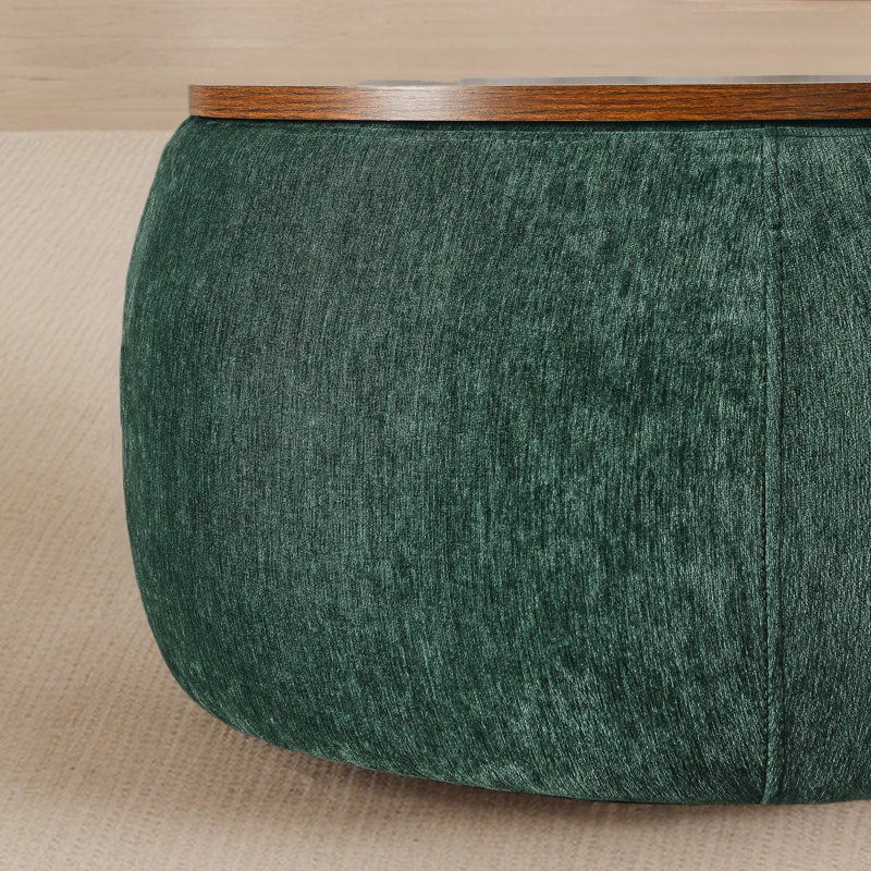 Round Storage Ottoman, 2 In 1 Function, Work As End Table And Ottoman,with Small Seat, Brown, Green