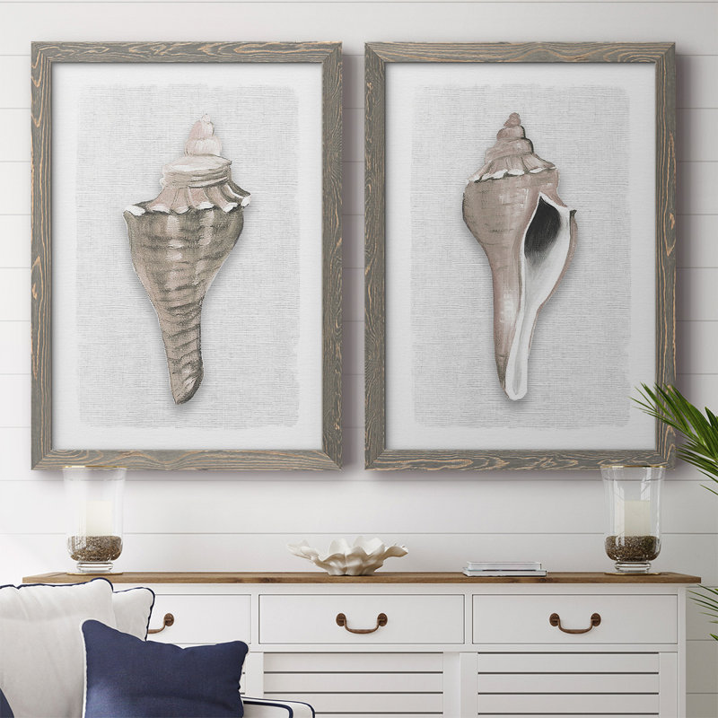 Sea Front Shell I - Toile encadrée de qualité supérieure - prête à être accrochée, H 27,5 po x l 75 po x P 1,5 po, Gris