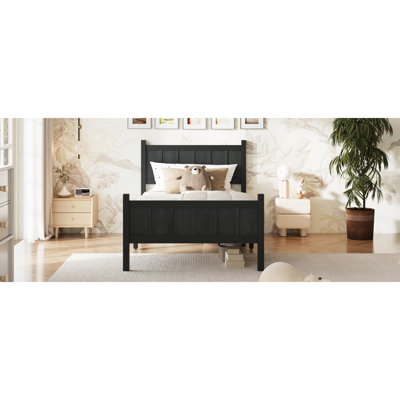 Lit simple à panneau plat avec tête et pied de lit, lit plateforme minimaliste moderne avec finition grain de bois, style Shaker et style campagnard, mobilier de chambre élégant et fonctionnel, noir