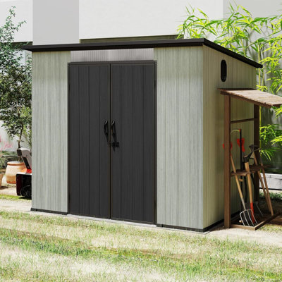 Remise de rangement extérieure en résine 6 x 8 pi avec fenêtres transparentes et évents à persiennes, remise à outils en plastique avec portes verrouillables doubles et toit incliné, remise de jardin extérieure pour la cour, le patio, la pelouse et le gris