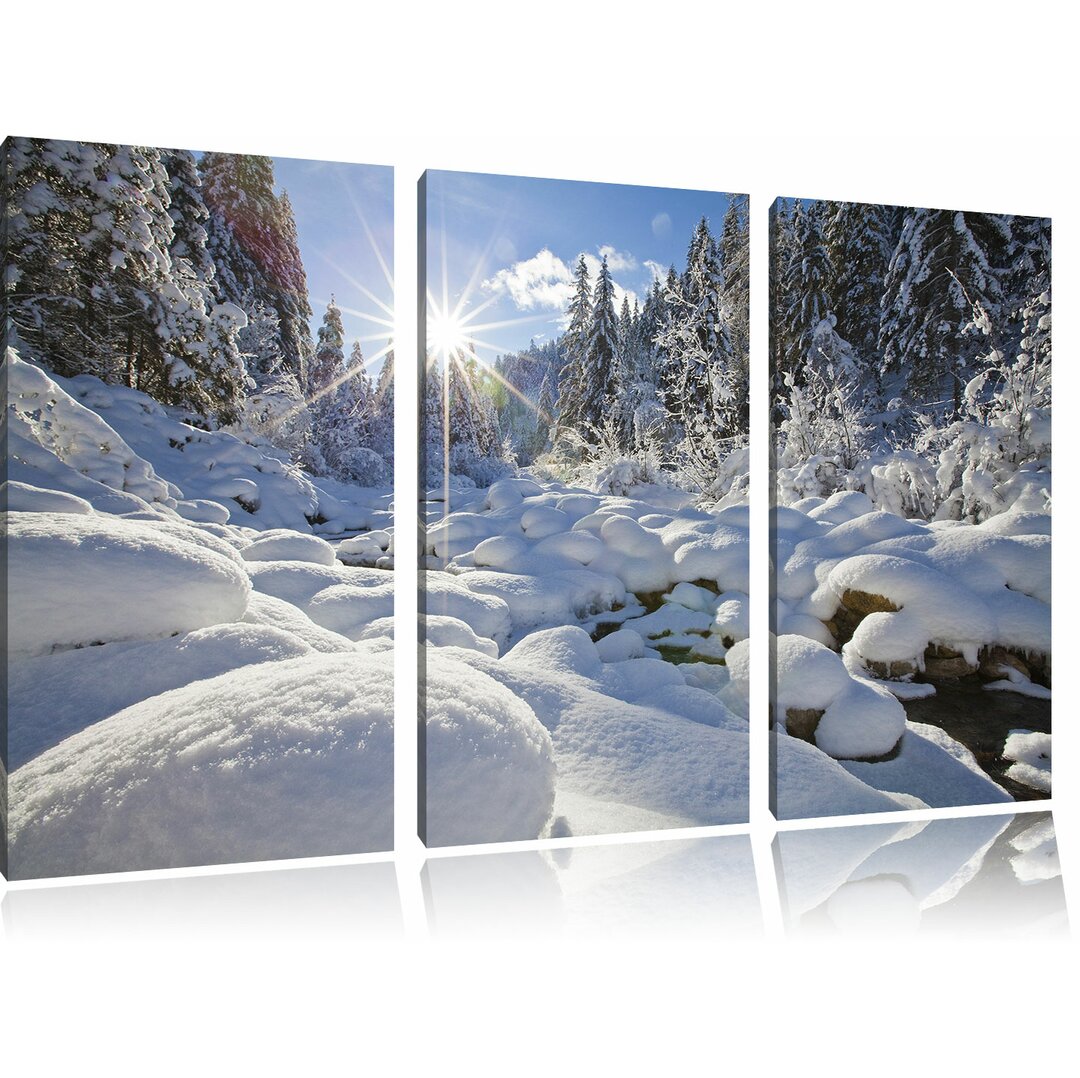 3-tlg. Leinwandbilder-Set Sonnenstrahlen im schneebedeckten Wald, Fotodruck