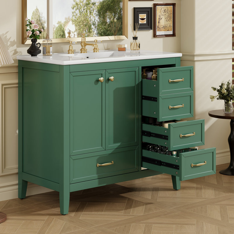 Bathroom Vanity with Ceramic Sink, Soft-Closing Door and 4 Drawers, Green
