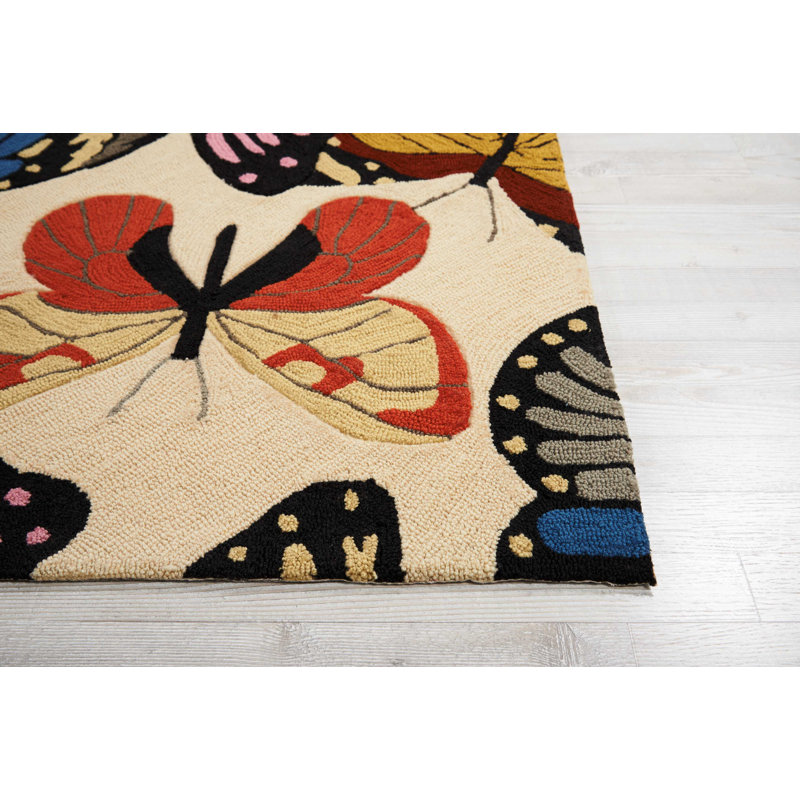 Tapis crocheté à la main beige / bleu / rouge Colleen, Rectangle 2 pi 6 po x 4 pi