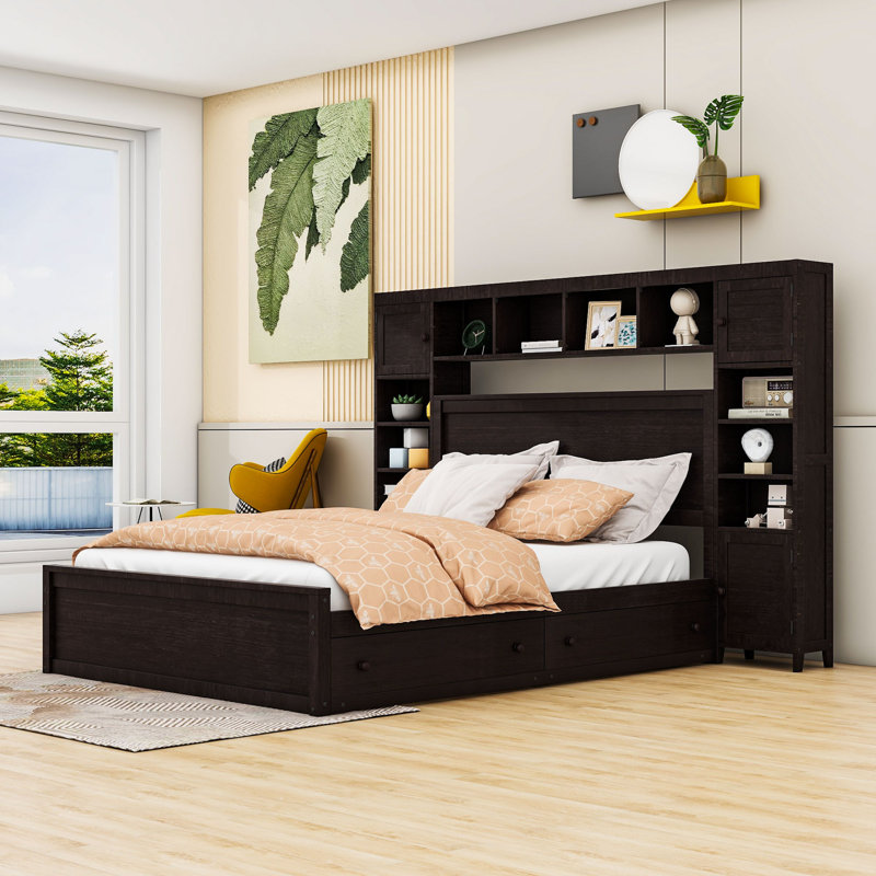 Vytis Queen Size Wooden Platform Bed With 4 Drawers and Headboard, Espresso