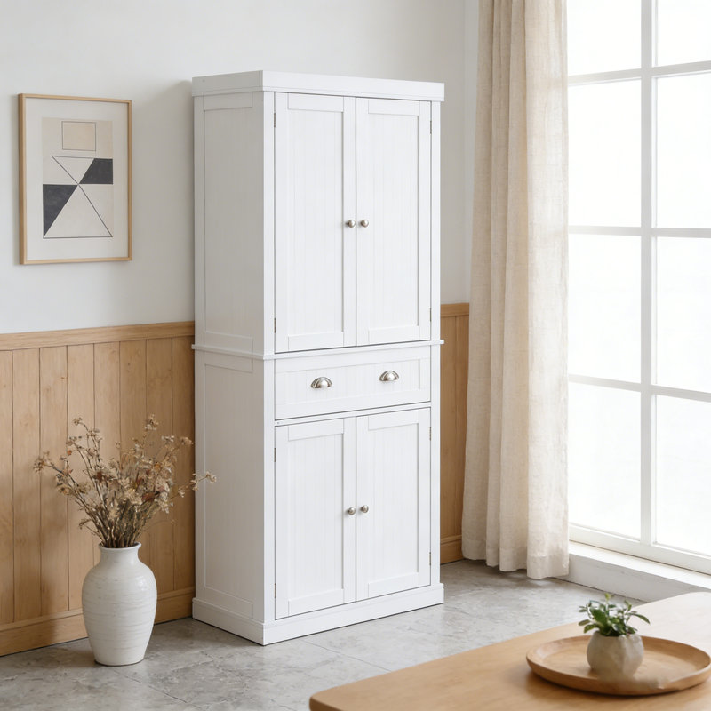 Armoire de rangement pour garde-manger de 72 po, armoires utilitaires autoportantes avec portes, tiroir et 3 tablettes réglables, garde-manger haut pour la cuisine, le salon, la salle à manger, la buanderie, blanc