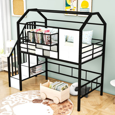 Lit mezzanine simple en métal avec toit et escaliers
