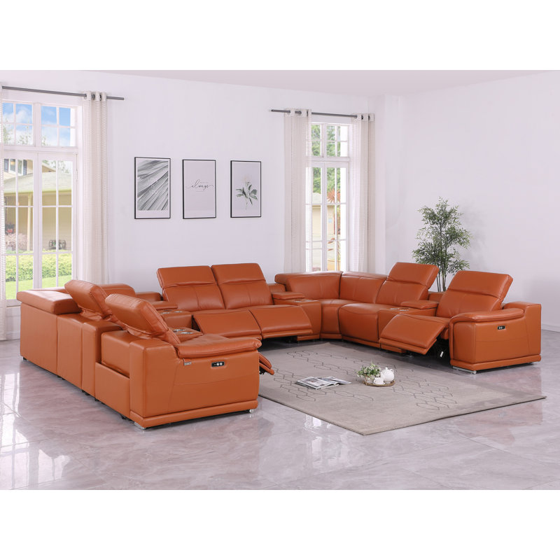 Kitanna 12 Piece 4 Power Recliner Top Grain Italian Leather Sectional, Camel Genuine Leather