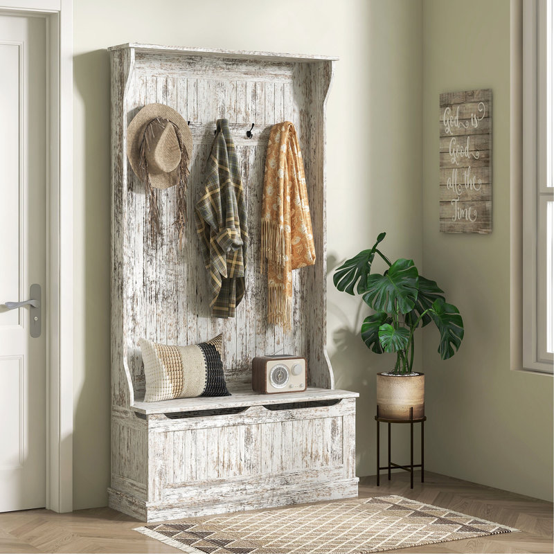 Arbre d'entrée 3-en-1 avec banc de rangement, portemanteau avec cinq crochets et rangement pour chaussures, Blanc