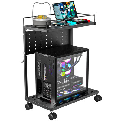Adjustable CPU Holder Rolling Computer Tower Stand with Pegboard & Storage Hooks, 150lbs Heavy Duty 2-Tier Mobile PC Cart with Lockable Casters & Ventilated Shelves, Height & Width Adjustable Under Desk Stand for Home Office Gaming, Black