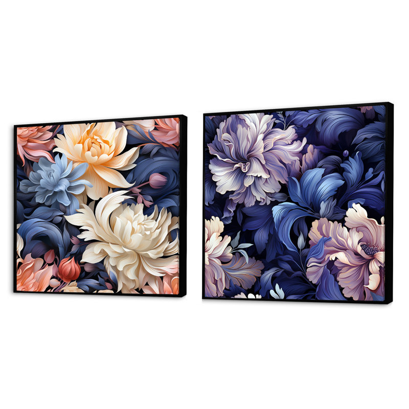 Cutrer - Ensemble de 2 collages carrés floraux, Cadre flottant noir, H 36 po x l 73 po