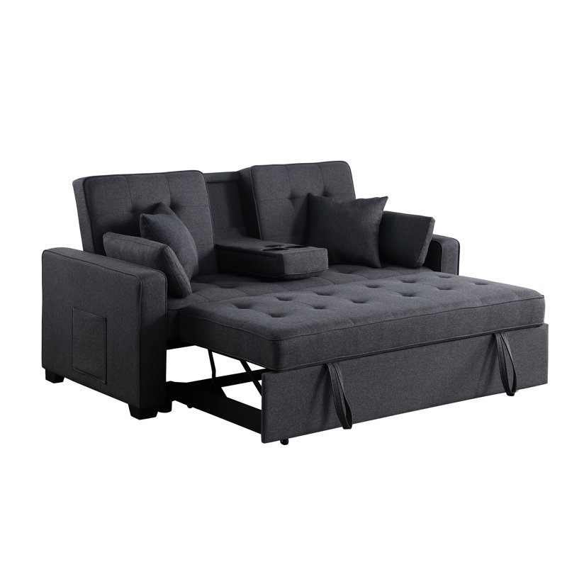 Canapé-lit convertible de 70 pouces en lin gris foncé, avec poche latérale et console intégrée pour lit de divertissement avec sièges à ressorts