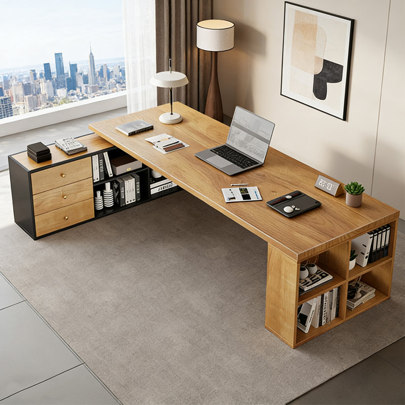Bureau de direction en bois massif avec tiroirs Burlywood, H 29,53 po x l 78,74 po x P 31,5 po, Retour à gauche