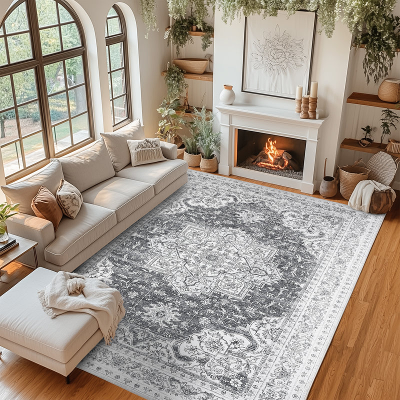 Washable Area Rug, Vintage Retro Carpet with Non-Slip Backing, Floral Pattern Floor Rugs for Entryway, Kitchen, Bathroom, Living Room, Hallways, Bedroom, Gray