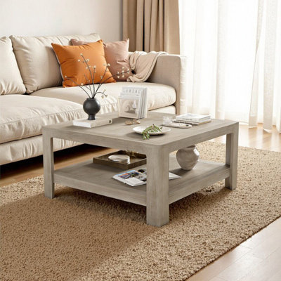 Table basse carrée moderne avec rangement - finition frêne clair, multifonctionnelle
