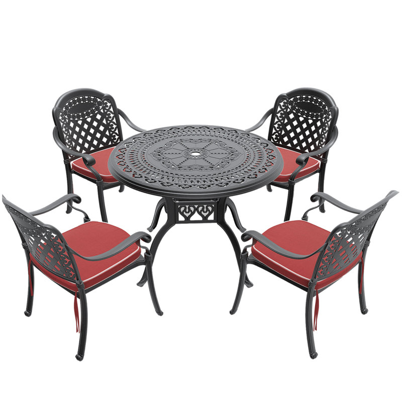 Ensemble de 5 meubles de patio en aluminium coulé avec cadre noir et coussins de siège rouges (même sku: W1710S00064)