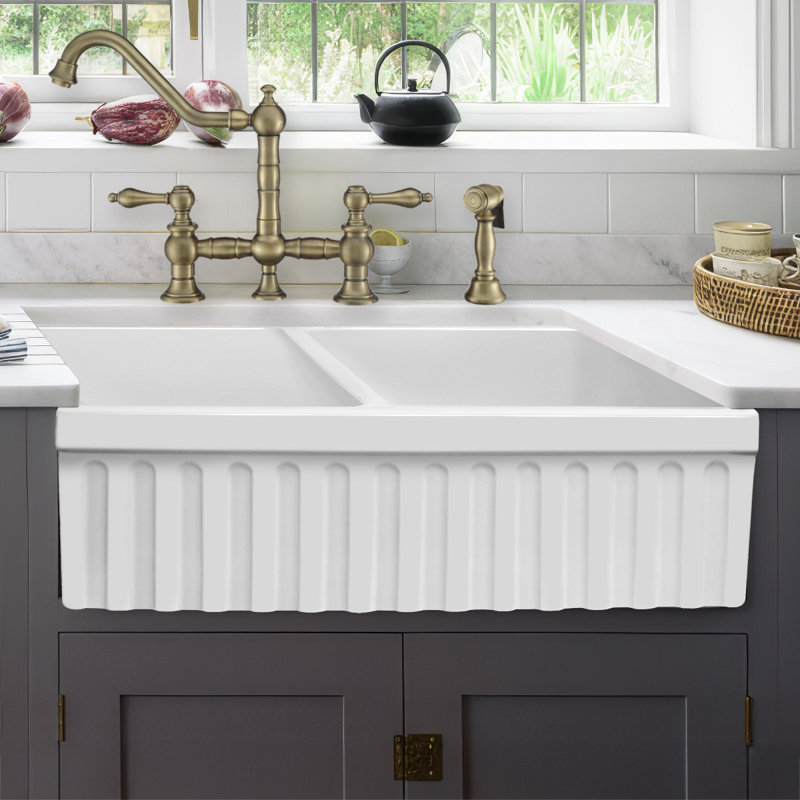 FarmhausQuatro 33" x 20" Double Bowl Front Apron Fireclay Sink, Matte White