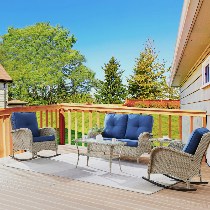Aluel 4 Person Complete Patio Set with Cushions, Blue, Gray