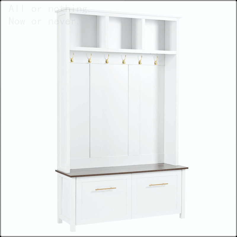 4-in-1 Hall Tree with Golden Hooks and 2 Drawers, White