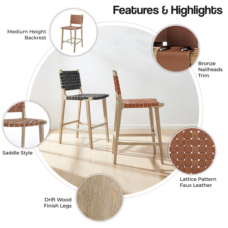 Kelin Upholstered Faux Leather Counter Stool with Solid Wood Frame, Ochre Brown/Drift Wood