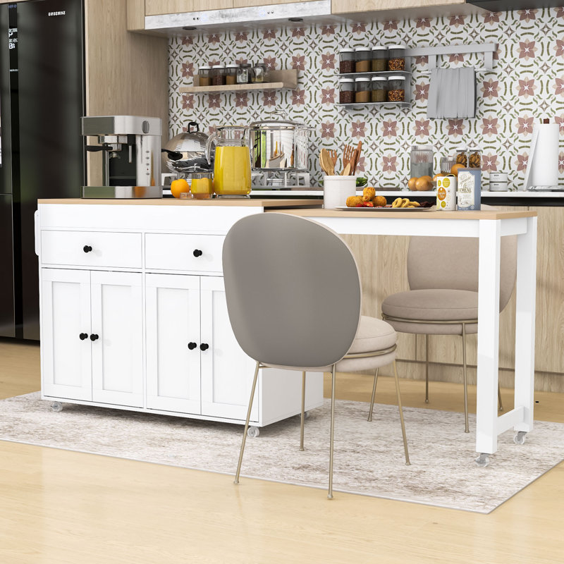 Dosha Rolling Kitchen Island with Extendable Dining Table, Spice Rack and Storage Cabinet, White