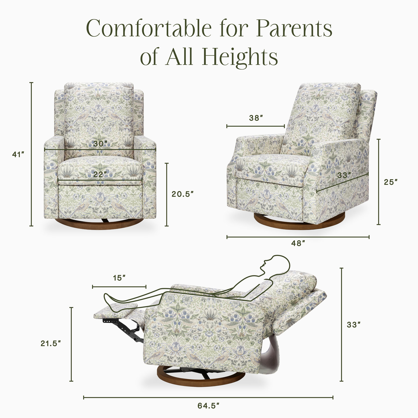 Morris & Co. Swivel Nursery Chair, Strawberry Thief in Fig &Thyme w/Dark Wood Base