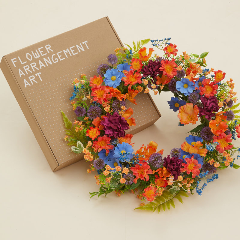 20" Artificial Flowers Spring Summer Wreath for Front Door Porch Decor (Colorful Blue Mixed)