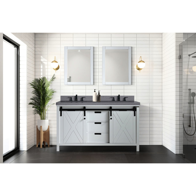 Meuble-lavabo blanc l 60 po avec comptoir en quartz gris et miroirs de 24 po - Espace de rangement spacieux et élégant avec 60 portes à fermeture douce