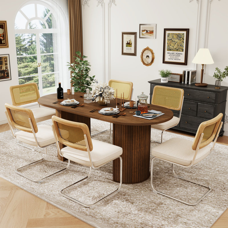 6 - Person Dining Table Sets With 70.8'' Oval Dining Table & 4 Upholstered Rattan Dining Chairs, Brown, White/Light Brown