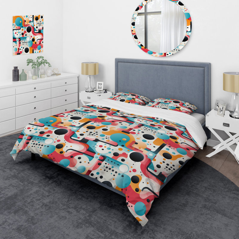 Literie rose et bleue à motifs tendance Mid-Century IV, Housse de couette pour grand lit et 2 taies décor