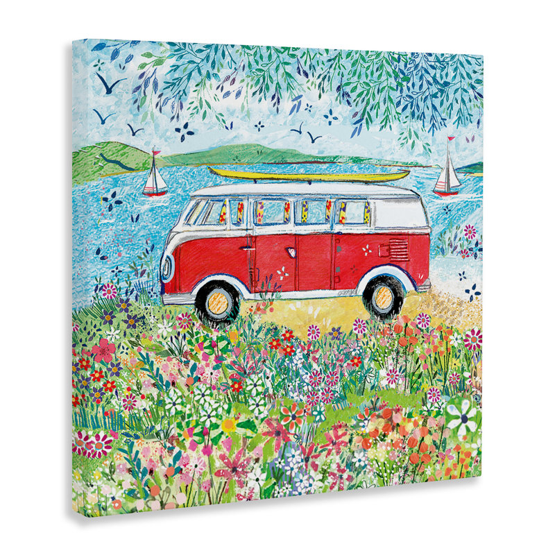 «Red Campervan Ready For Surf Canvas», conception de Clare Tupper, H 17 po x l 17 po