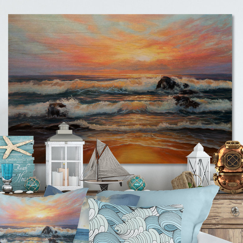 Golden Waves at Ocean Sea Shore - impression d'art mural en bois nautique et côtier, H 8 po x l 12 po x P 1 po, Cadre noir