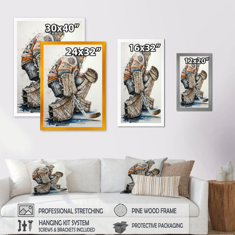 Gardien de but pendant le match de hockey I - Impression sur toile, Cadre photo noir, H 20 po x l 12 po x P 1 po