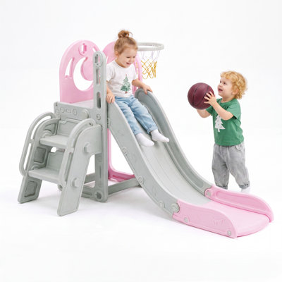 Ensemble de jeux 4 en 1 pour tout-petits avec glissade, structure d'escalade, panier de basketball et rangement, aire de jeux intérieure/extérieure pour enfants