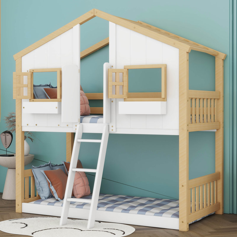 Twin Over Twin House Bunk Bed With Safety Guardrails And Ladder, Natural/White