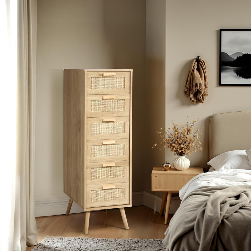  Commode en rotin pour chambre à coucher, commode haute avec 6 tiroirs décoratifs fabriqués à la main en rotin, petite commode